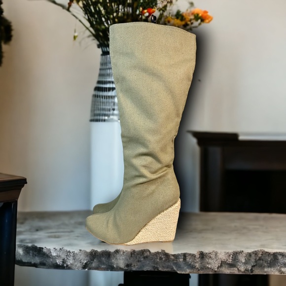 Fabric tall boots wedges espadrilles woven khaki linen-look Spring/Summer gypsy - Picture 4 of 6